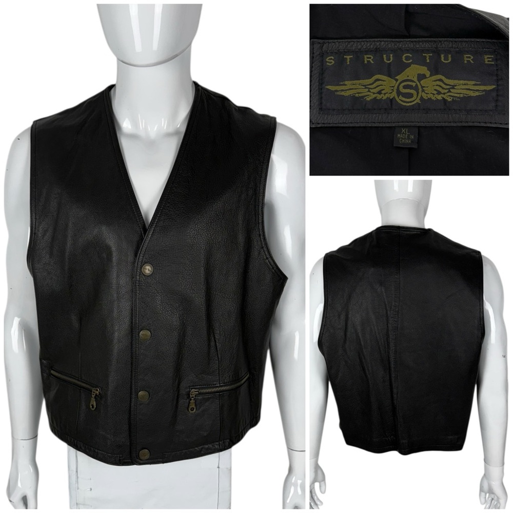 Structure Mens XL Leather Vest Biker Full Zip Pockets 90s Black Leather Vintage